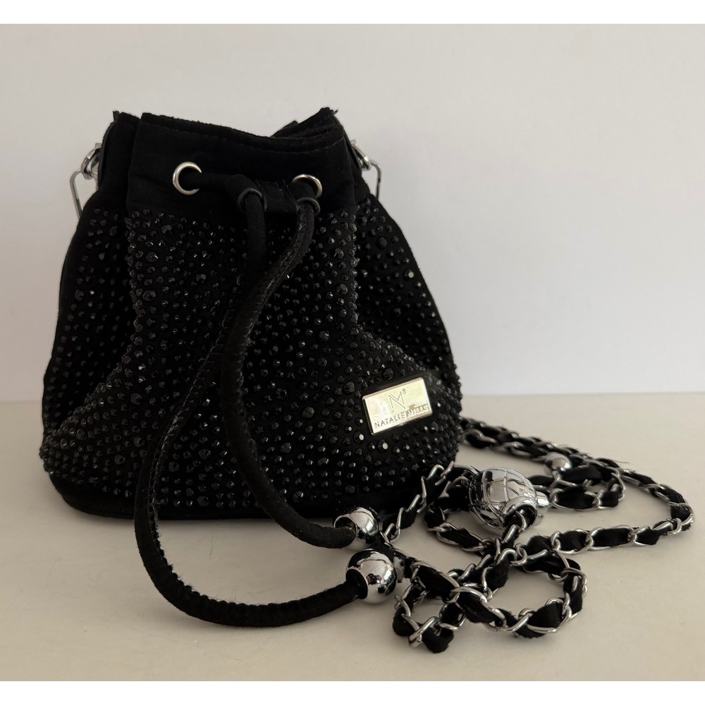 Natalie Mills Black Rhinestone Bucket Bag Drawstring Crossbody Evening Purse Y2K